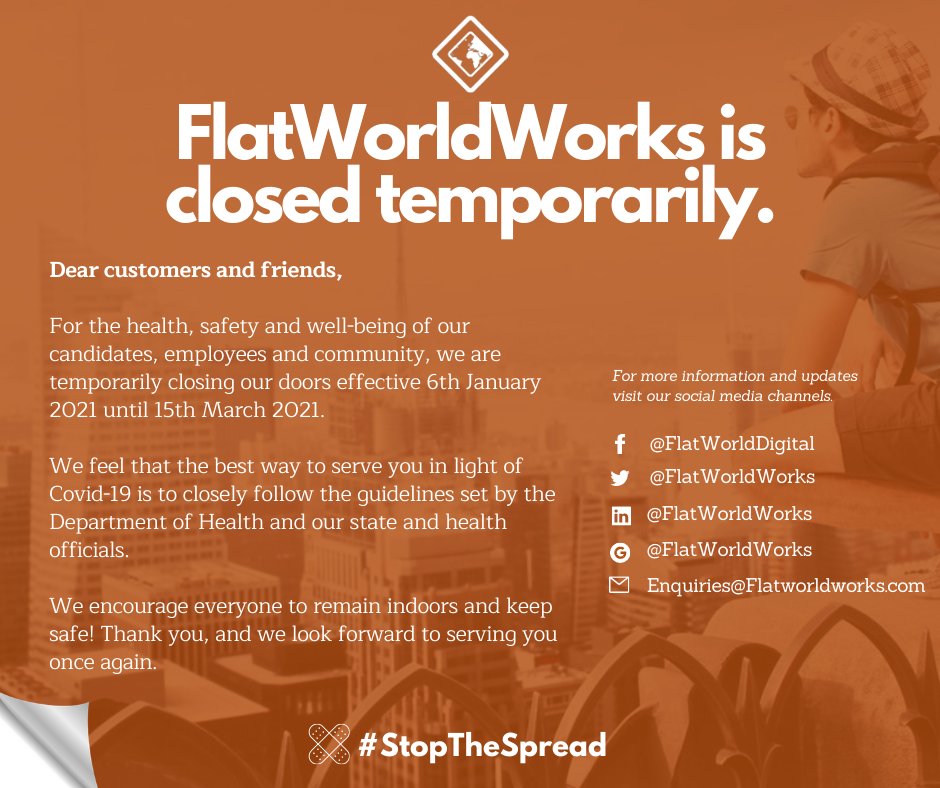 FlatWorldWorks (@flatworldworks) on Twitter photo Due to the recent Government announcement,
we are extending our office closure until 15th March 2021.
If you have any questions please feel free to contact us on enquiries@flatworldworks.com Due to the recent Government announcement,
we are extending our office closure until 15th March 2021.
If you have any questions please feel free to contact us on enquiries@flatworldworks.com