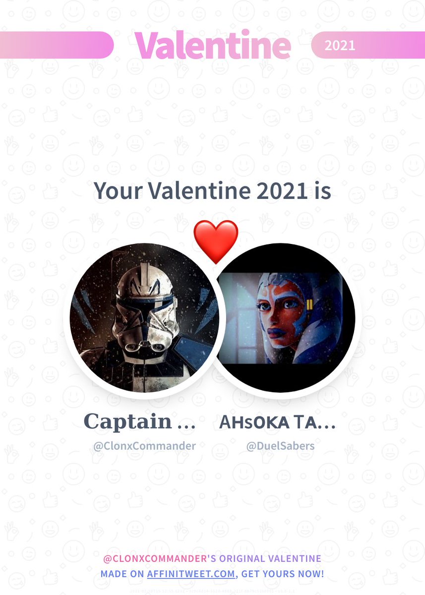 ClonxCommander's tweet image. ✨ Valentine

This year you're mine DuelSabers! ❤️
And you, whom will be yours?

➡️ affinitweet.com/valentine