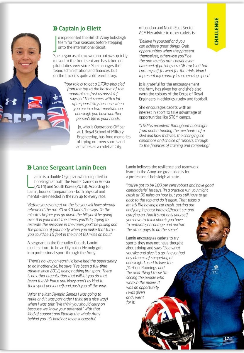 Great to athletes from <a href="/The_BBSA/">British Bobsleigh and Skeleton Association</a> featured in this month's <a href="/ArmyCadetsUK/">Army Cadets UK</a> Magazine inspiring the next generation of sliders.

#BritishArmySport