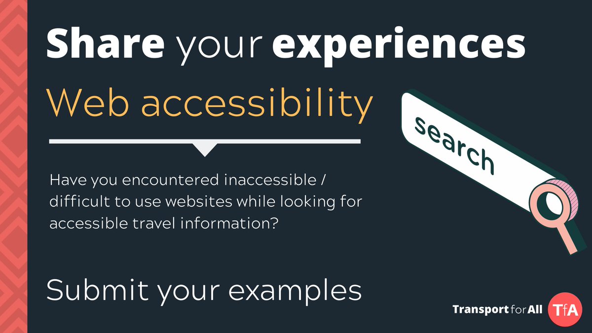 TransportForAll's tweet photo. Have you come across a transport-related website that is inaccessible, confusing, or difficult to use?

For example:
- Transport section of Local Authority website
- Public or community transport providers
- Concessionary travel

Share your examples here: https://t.co/OftZrFWJXV https://t.co/8NE7dm1E4v
