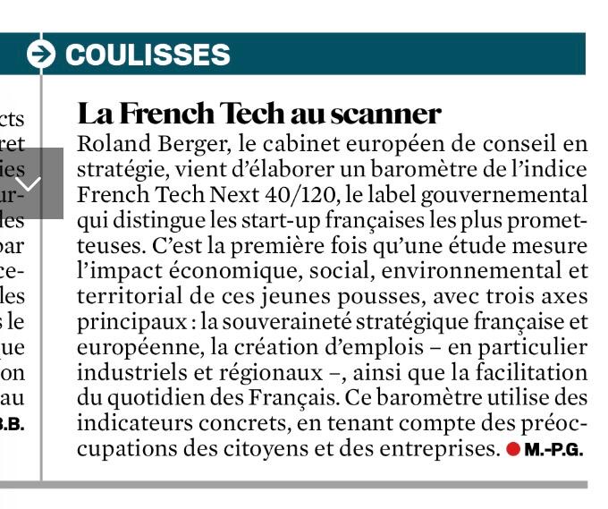 Fier d'annoncer la réalisation, par <a href="/BergerParis/">Roland Berger Paris</a>, du tout 1er baromètre de l'indice #FrenchTech Next40/120 ! Une étude d'impact inédite des start-ups françaises les plus prometteuses.
