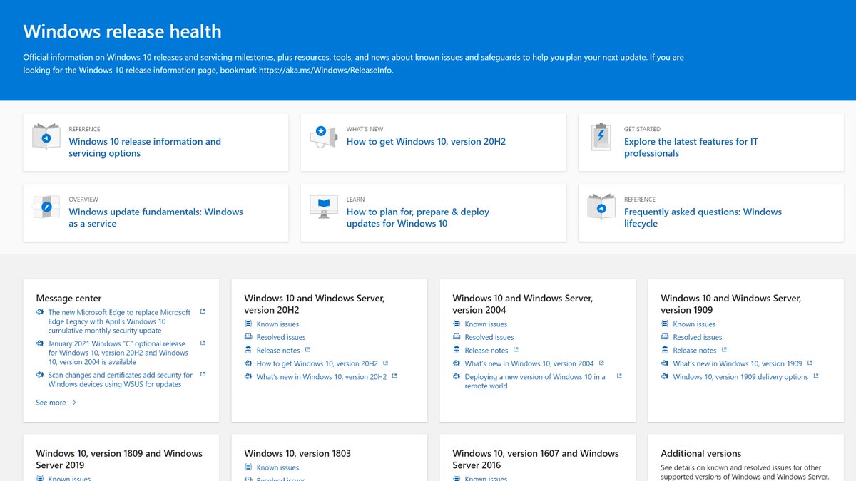 WindowsAtWork's tweet photo. We're making it easier to find Windows release health information! Servicing announcements, insight into known issues, release notes--all in one place. Bookmark! 🔖https://t.co/Zvibfyoa82

#Windows10 #UpdateManagement #WindowsasaService https://t.co/C6Lvmt3DU5