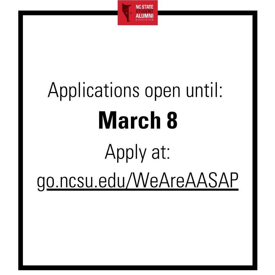 NCStateAASAP's tweet image. Do you love NC State traditions like Packapalooza? Do you love Red &amp;amp; White week? Do you love being involved on campus? 

If you answered yes to any of these questions, you would love being a part of the Alumni Association Student Ambassador Program! Apply for AASAP today!