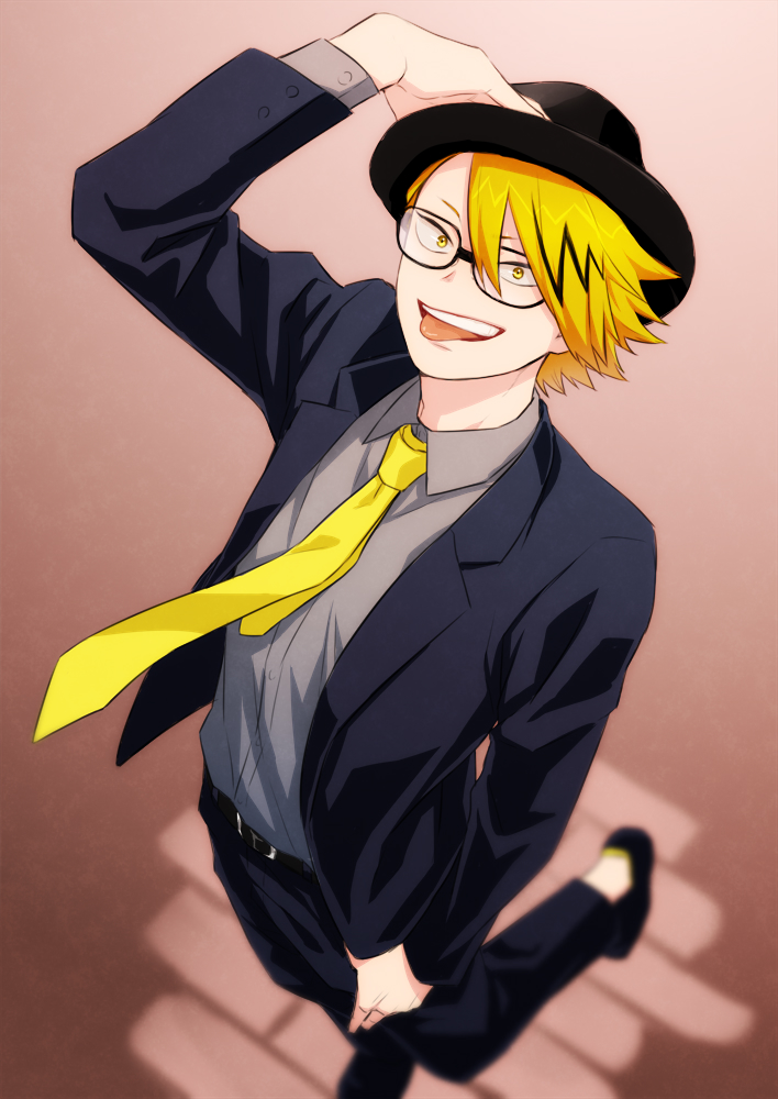 1boy male focus necktie blonde hair hat solo yellow eyes  illustration images