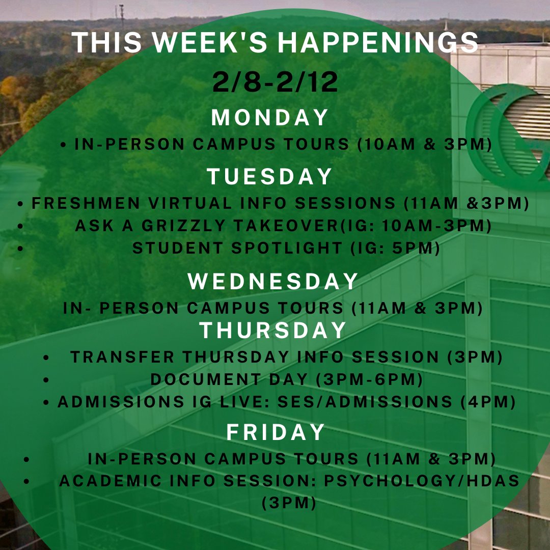 Happy Monday #Grizzlies! We have a week packed with exciting ways for you to connect and learn more about #GGC! Check out what's happening this week and visit ggc.elluciancrmrecruit.com/Apply/Events to to register for upcoming tours and info sessions!