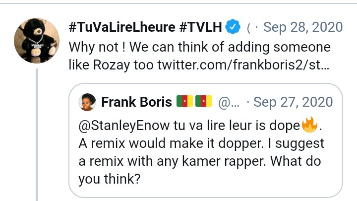 frankboris2's tweet photo. @StanleyEnow the remix I suggested 27 sep 2020 dropped today. Y do I feel special?. Its a hit🔥🔥🔥. Happy birthday King Kong.🇨🇲 https://t.co/1ytuh7jfya