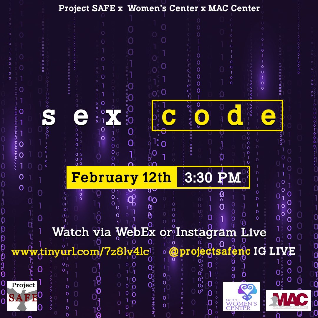 projectsafenccu's tweet photo. Project SAFE x Women’s Center x MAC Center Presents:

Sex Code 😈

Come listen and ask your questions to our student panel that will be discussing sexual health, consent, relationships, + more

Friday, February 12th at 3:30PM

Watch via WebEx or IG Live

https://t.co/vnPO8M66UE https://t.co/0zae2IHaTi
