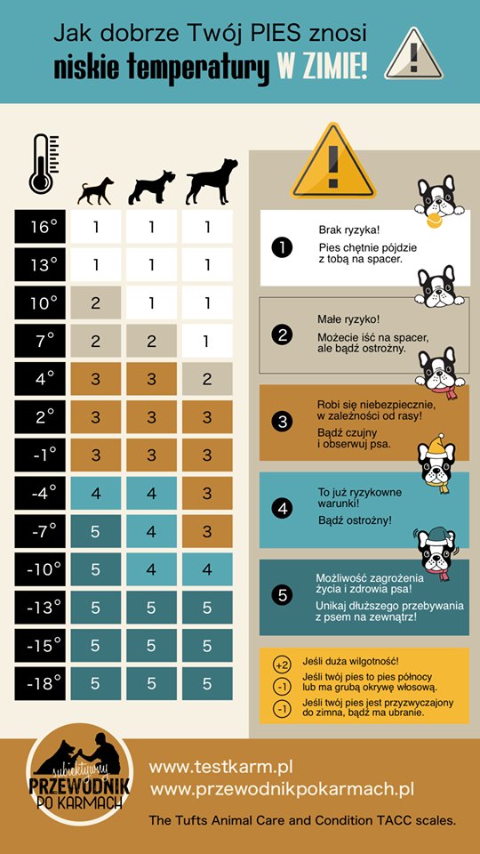 test_karm's tweet photo. Pamiętajcie, że każda rasa, każdy #pies ma inną #wrażliwość na niskie #temperatury! ❄️❄️❄️ The Tufts Animal Care and Condition TACC scale https://t.co/YBUaY5asZ6