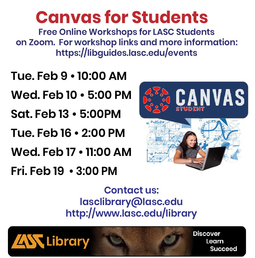 LASCLibrary's tweet photo. Welcome Back @LASCCougars! Check out the library's upcoming Canvas and Zoom workshops! For more info: https://t.co/x449ZwKp4m? 

@lascpromise @SeherAwan13 @lasc_sjs @LASCCampus https://t.co/oK94vEnxvH