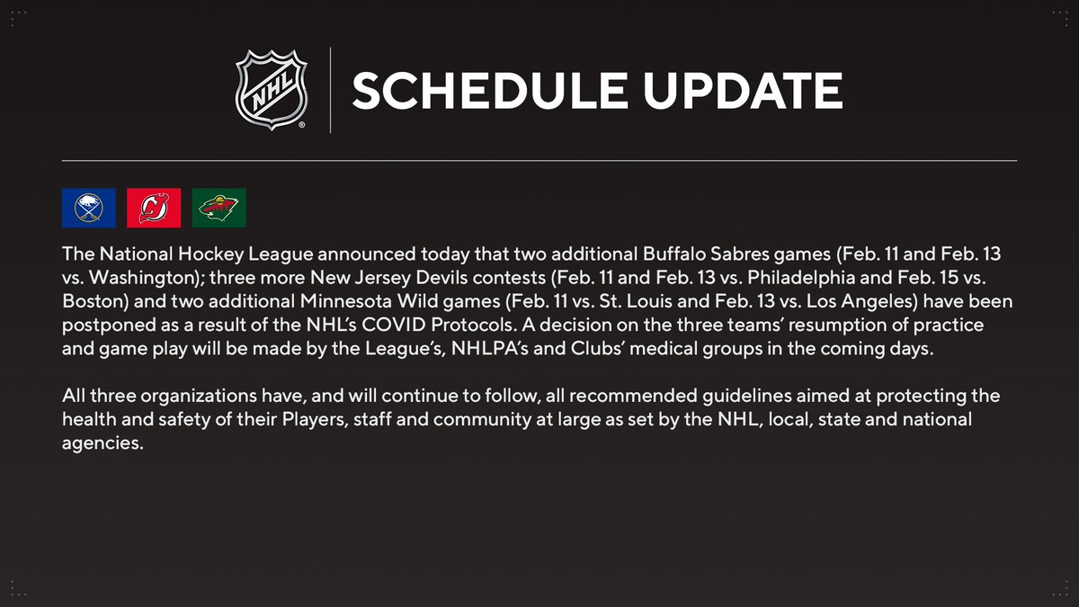 Schedule Update: Additional <a href="/BuffaloSabres/">Buffalo Sabres</a>, <a href="/NJDevils/">New Jersey Devils</a> and <a href="/mnwild/">Minnesota Wild</a> games postponed. media.nhl.com/public/news/14…