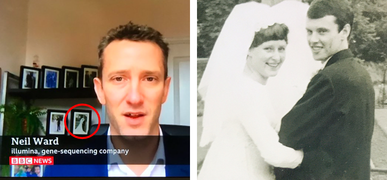 DavidShukman's tweet photo. A tale of loss behind the news: Neil Ward of @illumina was on #bbcnewssix talking about Covid variants with a picture behind him of his father-in-law Ian Wadsworth, who died of the disease at the weekend, and his mother-in-law Jean who's fighting it - best wishes @GenomicsUK https://t.co/Nm8cSQuVYg