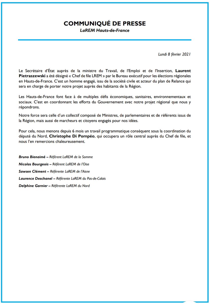 DelGarnier's tweet photo. #Régionales2021
#ConstruireEnsemble
Les marcheurs du Nord remercient&félicitent #LaurentPietraszewski pr son engagemt et sa nomination en tant que #ChefDeFile LaREM
#EnsembleNousRéussirons à donner la force de l'espoir intergénérationnel, Santé, Écologie et nveau DvlptÉconomiq. https://t.co/mwzkRjihhW