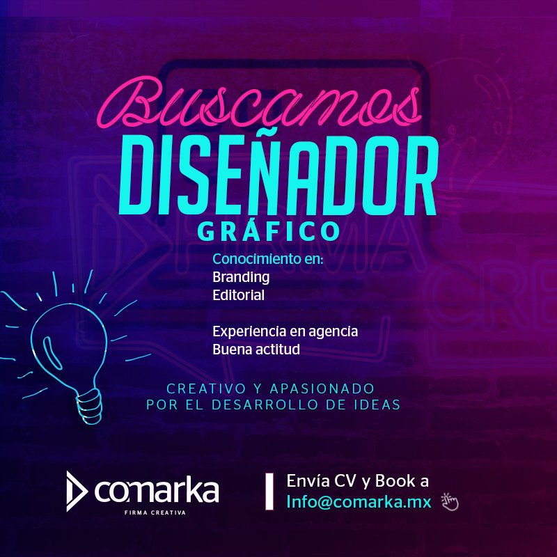 SomosComarka's tweet photo. #Vacante│ ¿Eres creativo, además de apasionado por el Diseño Gráfico?💡✍🏻 Además cuentas con excelente actitud y eres un rifado en branding. Entonces, no esperes más, para enviarnos tu CV y book, el #TeamComarka está buscándote.
👉🏻 info@comarka.mx
📌 #Puebla https://t.co/gZPfFm8SU9