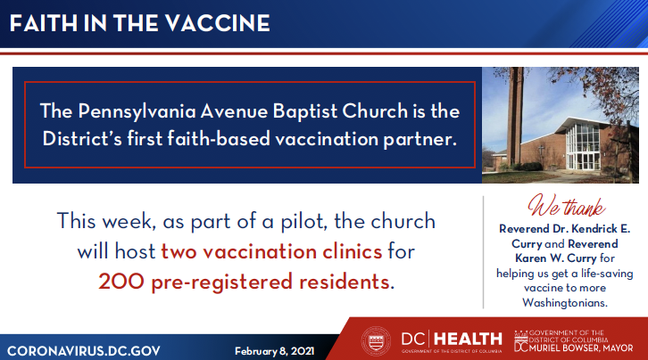 2/ This week, as part of the “Faith in the Vaccine” pilot, the Pennsylvania Avenue Baptist Church will host two vaccination clinics for 200 pre-registered residents.