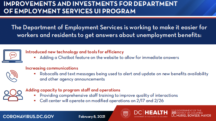 4/ Additional investments will allow for the Department of Employment Services to make it easier for workers and residents to get answers about unemployment benefits.