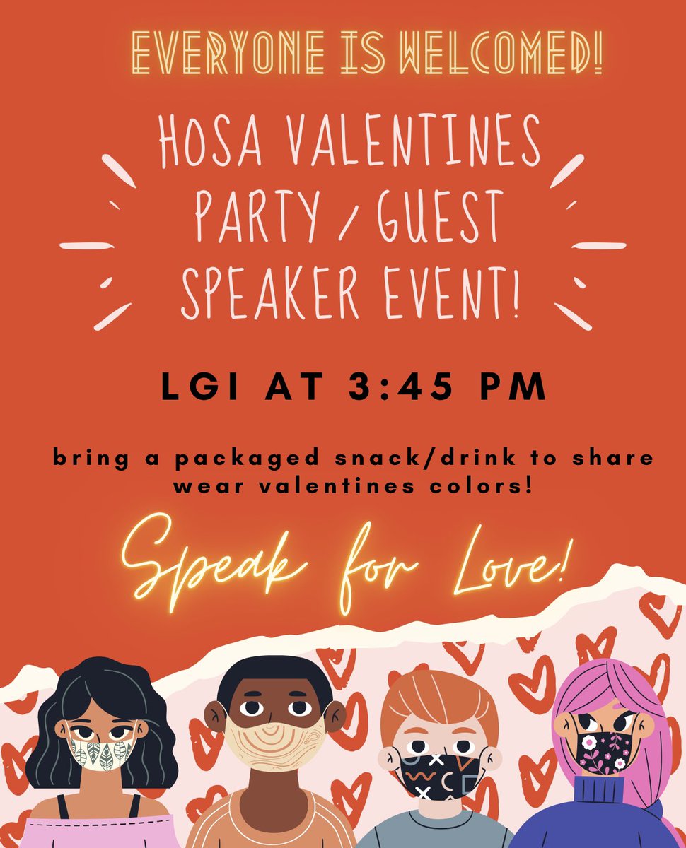 Hey HOSA Members! Tomorrow Feb. 9th is our Valentine’s Party in the LGI! P.S. Bring your besties we hope to see them too! Xoxo 💕💘💖💞💝💓💗