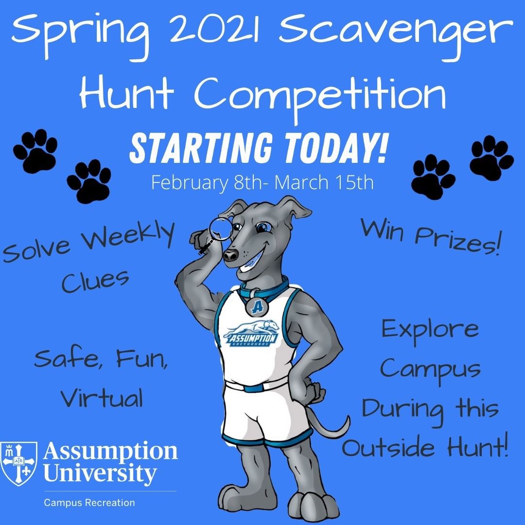 Join our scavenger hunt NOW! Scan the QR code each Monday through your assumption portal or the app. Make a team of 2-3 . Find the locations the clues lead you to. Fill out a form every week by Friday noon with the answers to be entered! Questions? Email mrodier@assumption.edu