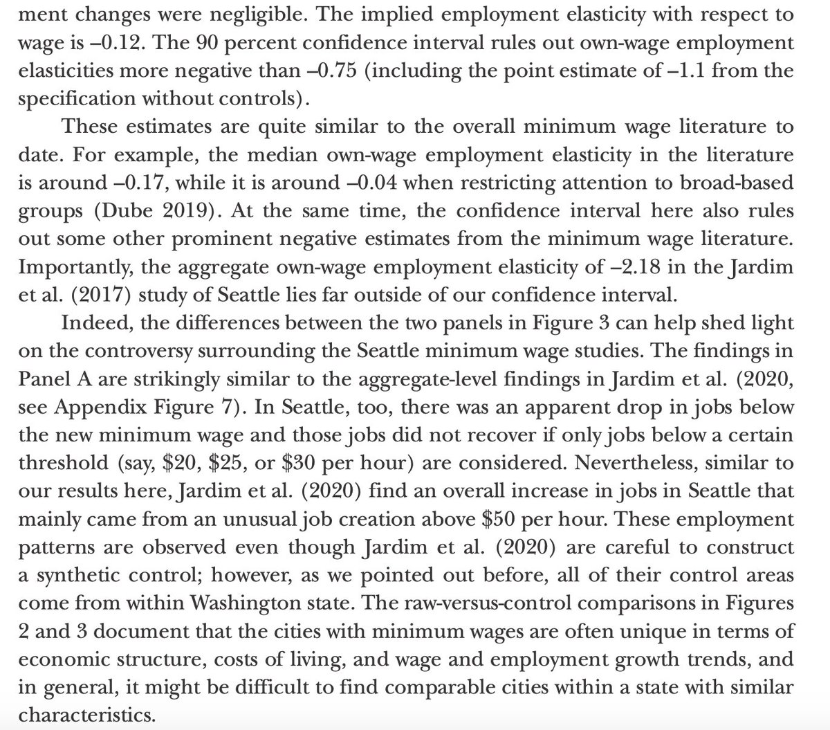 Importantly, we can replicate a similar pattern as in the Seattle study suggesting large losses in jobs below a threshold (but unrealistic big job gains at very top) from our 21 city case *when we don't factor in that these cities were experiencing very high wage growth.*