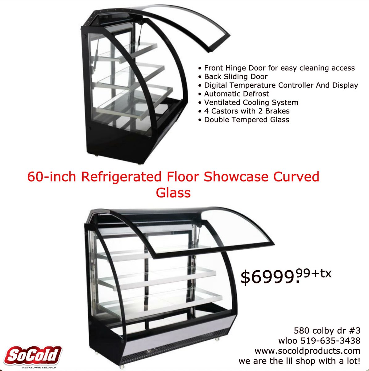 SoColdProducts's tweet photo. 60-inch Refrigerated Floor Showcase Curved Glass
• Front Hinge Door for easy cleaning access
• Back Sliding Door
• Digital Temperature Controller And Display
• Automatic Defrost
• Ventilated Cooling System
• 4 Castors with 2 Brakes
• Double Tempered Glass https://t.co/aJLPOiVv58