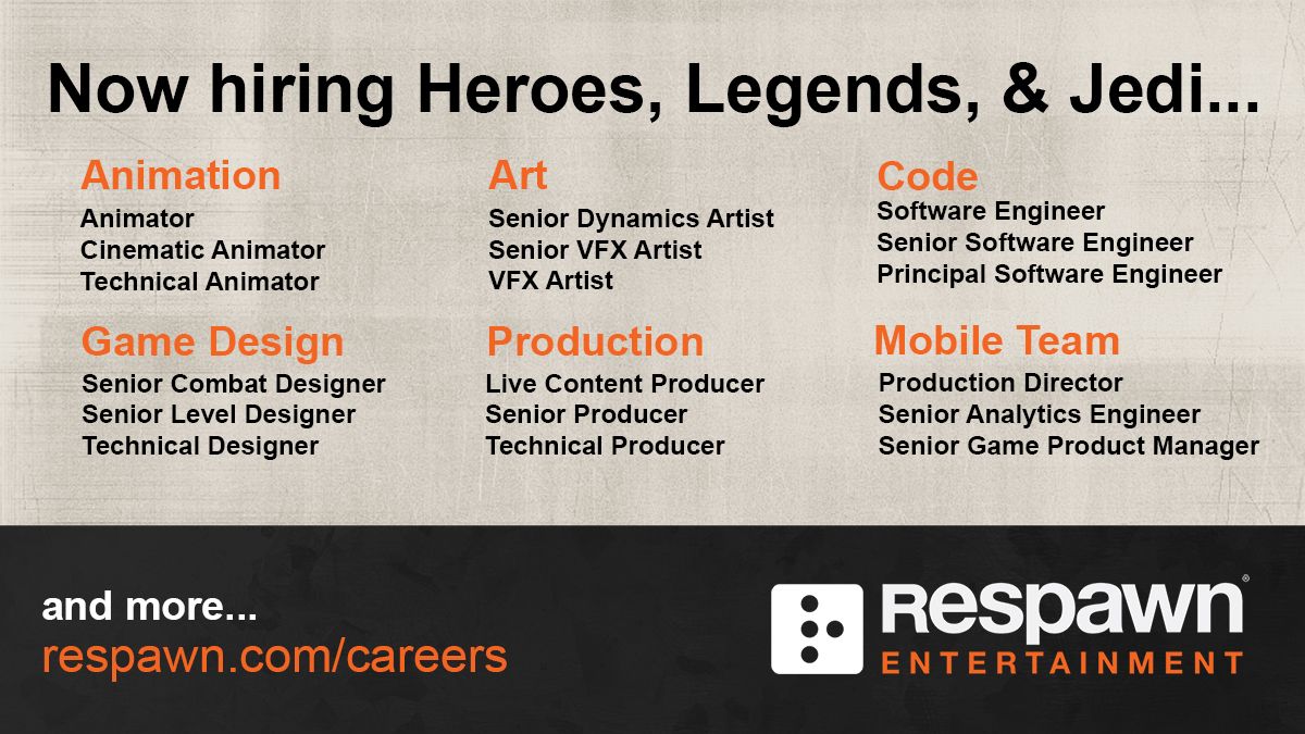 otharrison's tweet image. Come join us! The studio that brought you #Titanfall, #ApexLegends, #JediFallenOrder, and #MedalOfHonor is hiring: respawn.com/careers