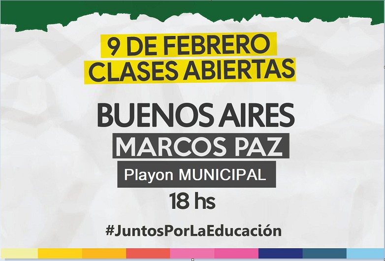MarcosPazPro's tweet photo. Mañana 9 de febrero a las 18hs convocamos a participar de una clase abierta en el Playon Municipal. En donde docentes, padres y alumnos serán oradores de un encuentro que promueve la vuelta a la presencialidad en todas las escuelas.
#JuntosporLaEducacion #9FYoVoy https://t.co/vziuTBAWaY
