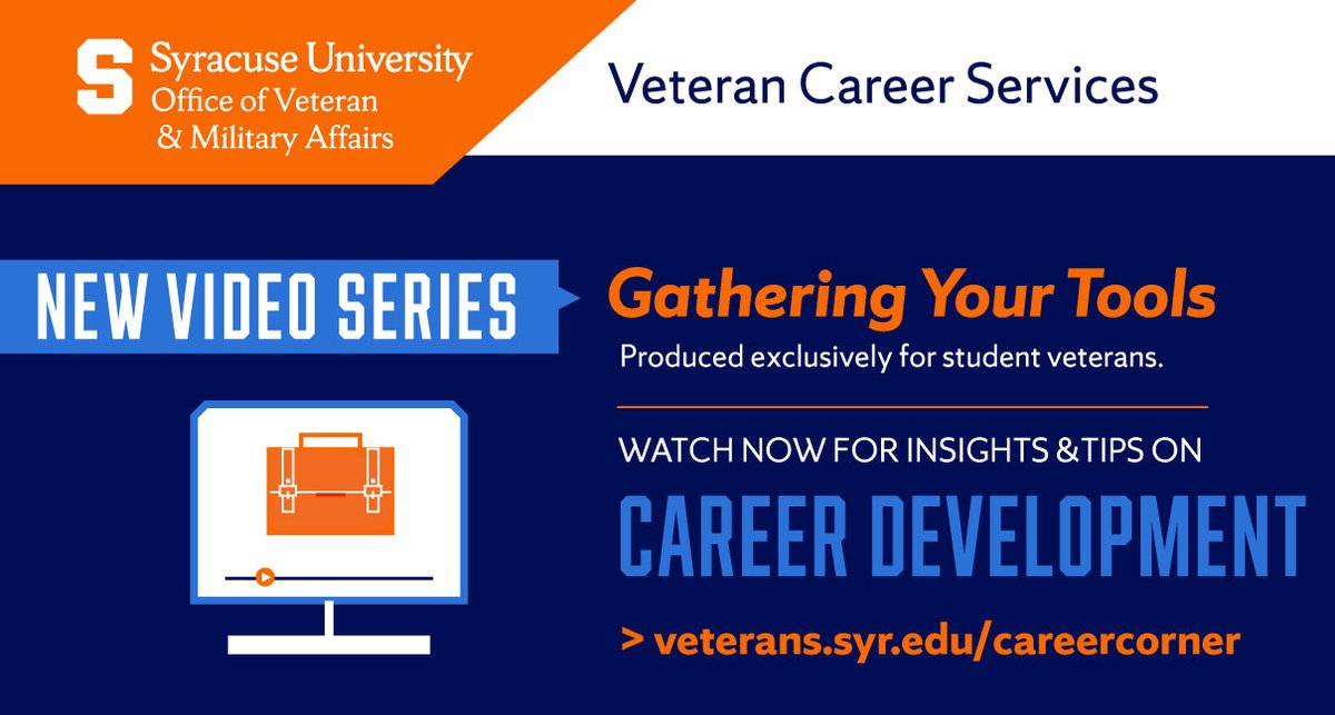 SyracuseOVMA's tweet photo. Welcome back, students! We're excited to introduce our Career Corner Digital Library, a video series produced exclusively for student veterans. Hear from employers, alumni, experts &amp; peers who share their career advice.

Learn more: https://t.co/cc7PFxPmpR 

#BestPlaceForVeterans https://t.co/8sT4L4r36I