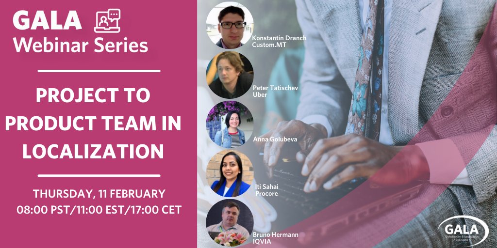 GALA_Global's tweet image. [Webinar THUR] "Project to Product Team in Localization" with Konstantin Dranch (@custom_mt), Peter Tatischev (@Uber), Anna Golubeva, Iti Sahai (@procoretech), and Bruno Hermann (@IQVIA_global). Register today at ow.ly/7InL50DrA5N