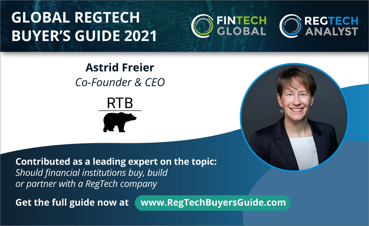 Fintech_Global's tweet image. Pleased to announce Astrid Freier has offered her insights to our new RegTech Buyer&apos;s Guide. Download the guide to get her thoughts on whether a firm should buy, build or partner with a RegTech copmpany.  

fintech.global/regtechbuyersg…

#RegTechBuyersGuide
#RegTech #FinTech