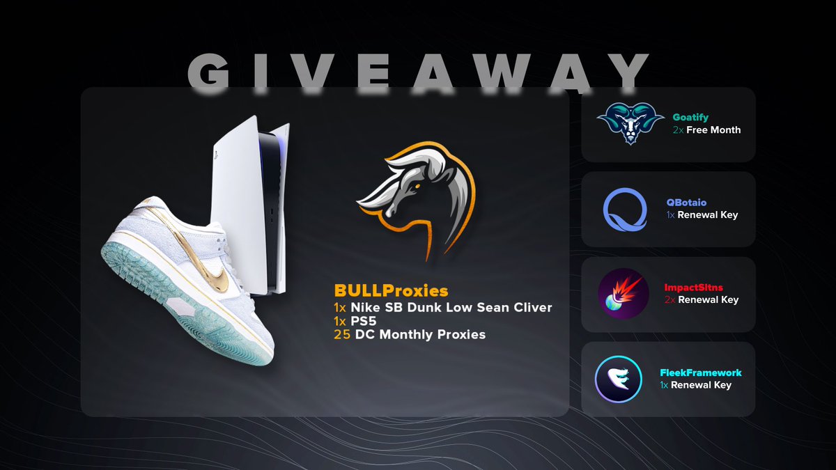 To celebrate Bull’s first year, we have partnered with some friends to giveaway exclusive prizes!

To enter:
Follow:
- <a href="/QBotaio/">QBot</a> 
- <a href="/FleekFramework/">Fleek Framework</a> 
- <a href="/ImpactSltns/">Impact Solutions</a> 
- <a href="/GoatifyIO/">GOATIFY</a> 
- <a href="/BullProxies/">Bull Proxies</a> 

Like 🧡
Retweet 🔃

Ends in a week. Good luck! 🍀