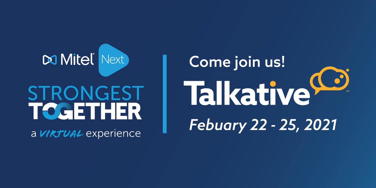 talkativeuk's tweet photo. We’re excited to be joining Mitel for the Mitel Next virtual experience as a signature sponsor! Don’t miss the chance to connect with us and learn more about all of the new and innovative Talkative features…
#MitelNext2021 #StrongestTogether #Mitel #virtualbooth https://t.co/sm7l4sh40S