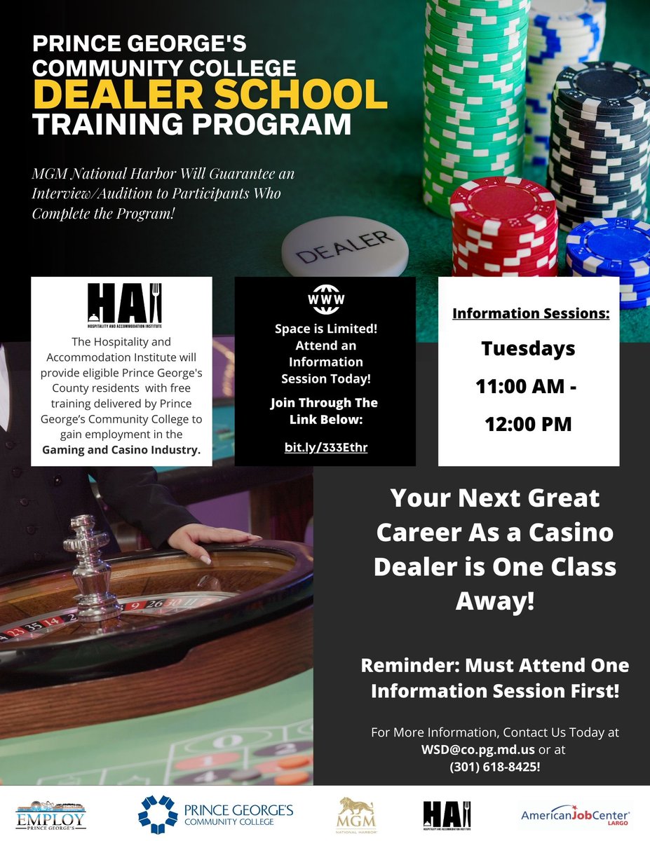 Your career as a casino dealer is one class away! #PGCC's Dealer School Training Program is accepting registrants for the new year! #MGM National Harbor will GUARANTEE an interview/audition to participants who complete the training program! See the flyer below to attend!
