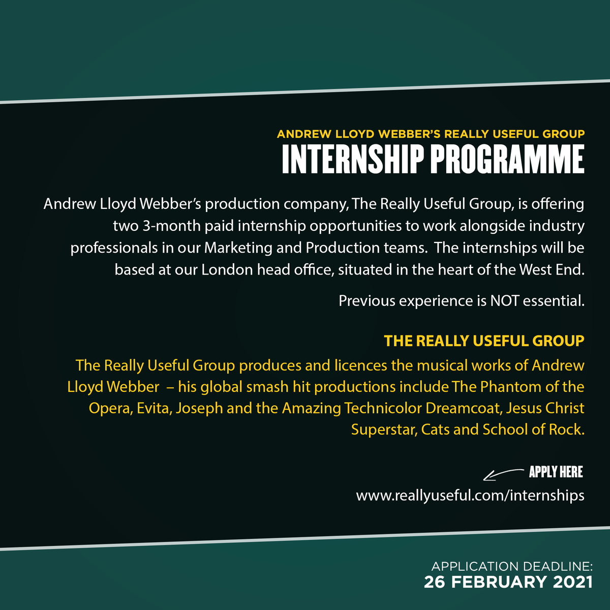 Our friends @OfficialRUG have launched two paid internship opportunities for Black, Asian or ethnically diverse talent, 18-25 yrs old, interested in pursuing a career in theatre Marketing or Production.  Interested? See pics below for application details 🎭❤️