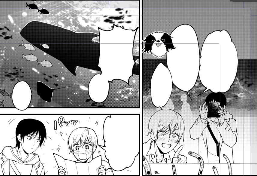 5話は水族館デート。
忍君の言う通り背景で死にそうになってる
でもクリスタ素材の魚ブラシのおかげでそれっぽくなった気がする 