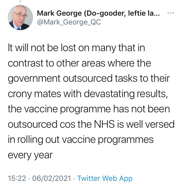 Another QC proclaiming himself to be a “do gooder, leftie lawyer” makes an over-simplistic distinction between public and private sector contributions to the response to coronavirus, omitting to mention the VTF at all. Its role was well described in KB’s 8 January i/v on Radio 4