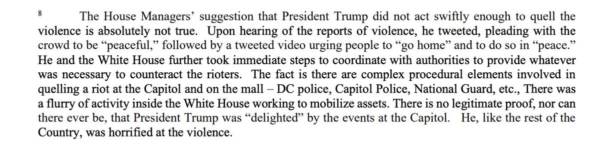 The brief cherrypicks the facts and claims that Trump quickly denounced and urged only a peaceful protest.The brief concludes that none of it was Trump's fault. This "conclusion" is reached by selecting a few facts and ignoring everything else. 1/