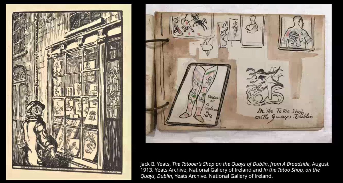 *Love* this image from a Jack Yeats' sketchbook of a tattooist's shop.  @katymilligan says it is hard to find sources/history about tattooing in Dublin, but found a tattooist shop on Ormond Quay, opening up Yeats' work to maritime history & illustrating Dublin was a city of trade