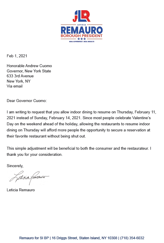 LeticiaRemauro's tweet photo. Thank you @NYGovCuomo for responding to our letter writing campaign to begin #indoordining at the start of the Valentine's Day weekend. Please now consider increasing the capacity to 50% by end of month so the industry can begin recovering. #restaurants #Jobs #OpenNYC https://t.co/uoDSxcPqdT