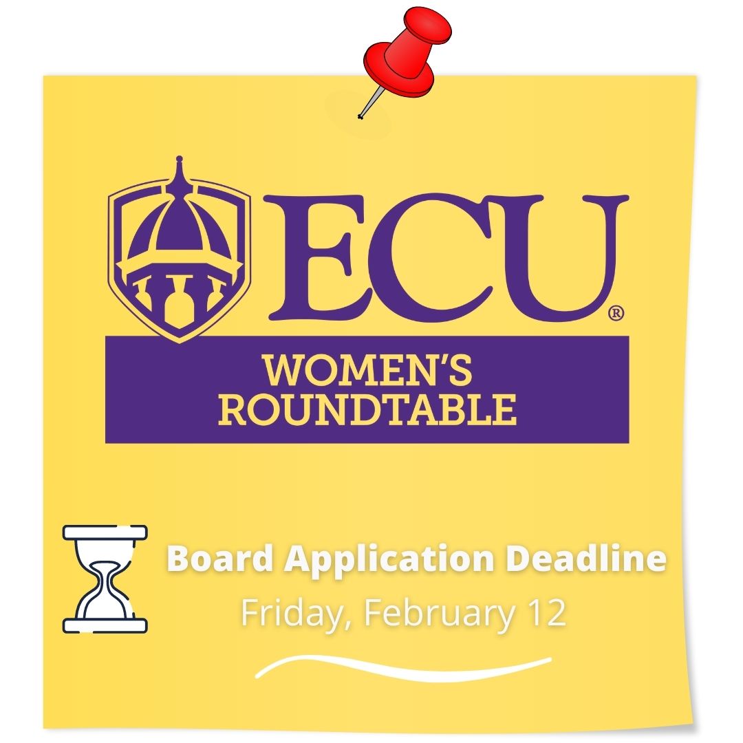 Are you interested in joining the ECU Women's Roundtable Board of Directors?

Application deadline is THIS FRIDAY  ➡️  February 12, 2021 

Visit womensroundtable.ecu.edu/applications/ to learn more and apply!