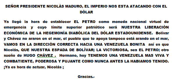 chistosito1's tweet photo. QUERIDO @NicolasMaduro @jorgerpsuv @BCV_ORG_VE:
A propósito de #SalariosYPensiones,
#NoAlAumentoEnBolívares
QUEREMOS Y EXIGIMOS SALARIOS Y PENSIONES DIGNAS...,
PERO EN PETROS.
Gracias.-
Atte. 30.000.000 de venezolanos que nos estamos EMPOBRECIENDO por culpa de #ElDólarDeGuerra https://t.co/ifS8hGq7EU