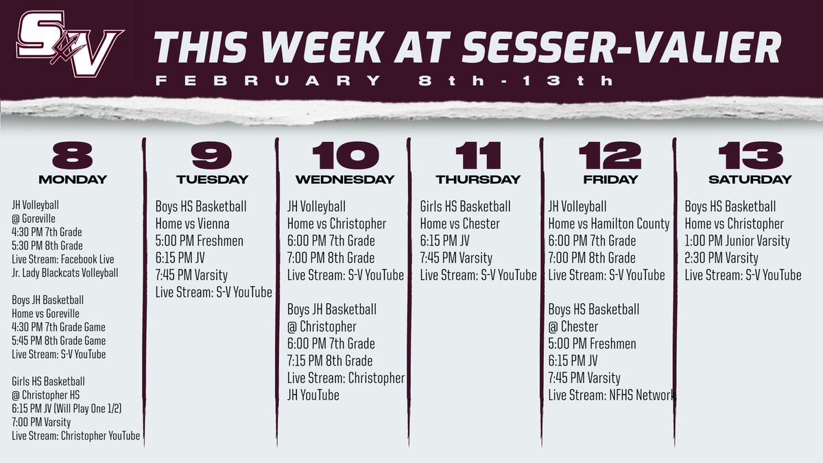 Here is this week's game schedule. Any changes will be posted on this Twitter account.
