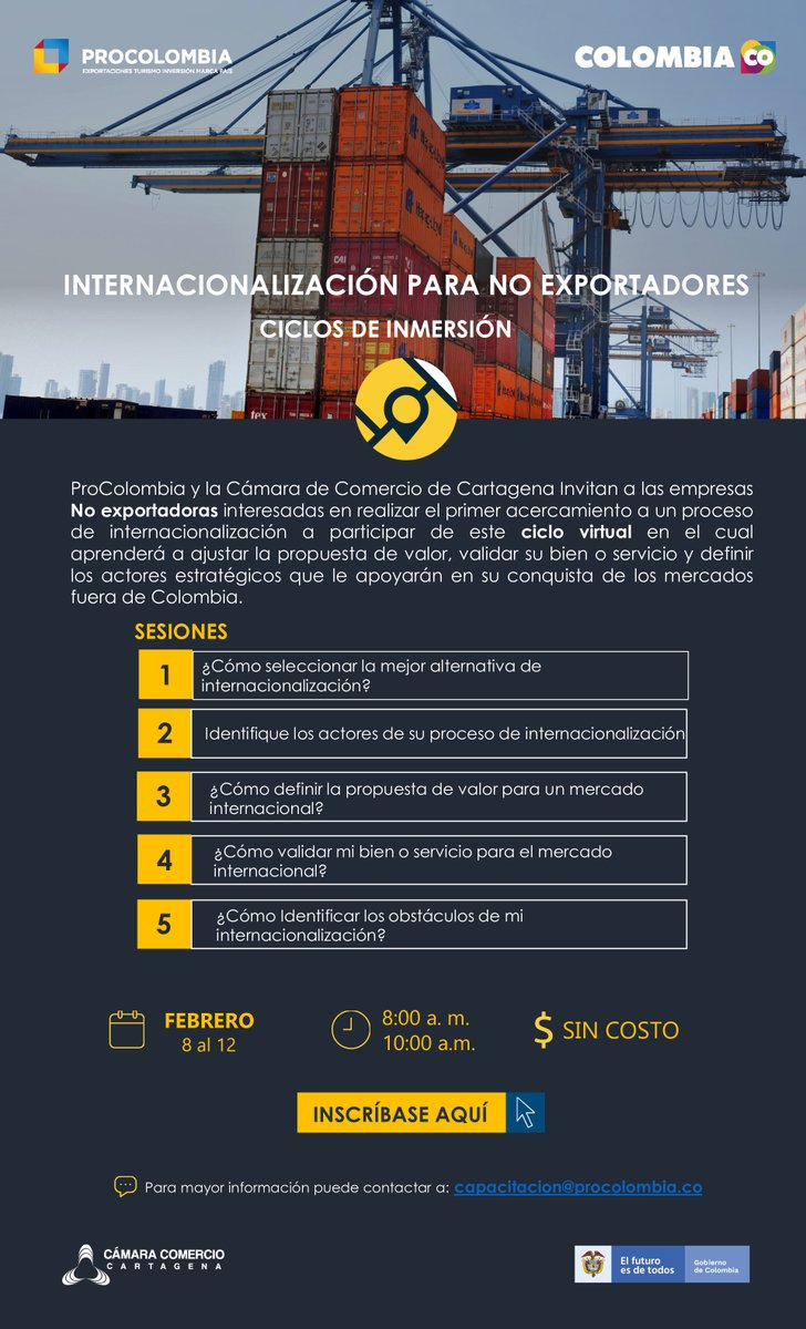 camcartagena's tweet image. #Recuerda Invitamos a las empresas No exportadoras interesadas en realizar el primer acercamiento a un proceso de internacionalización a participar de este ciclo virtual de inmersión.

▶️ Inscripción sin costo aquí: bit.do/inter-no-export