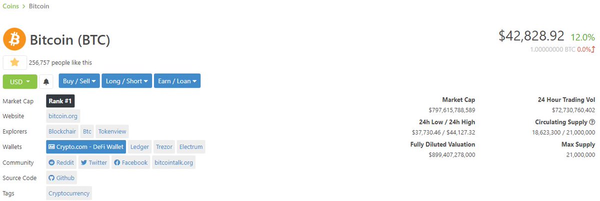 3/ Lets say you're looking at  #Bitcoin    https://www.coingecko.com/en/coins/bitcoinAt a glance you get:- Price- Mkt Capitalization (valuation)- Circulating/Total supply- 24h trading volume - Links to websites, social media, block explorers- CalculatorNext - check valuation?