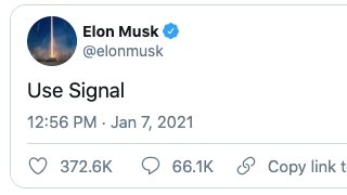 3/ Signal AdvanceThe power of the Elon Effect is so strong it can send the wrong company’s share price soaring.That's what happened on 7th January 2021 when Elon Musk Tweeted “Use Signal”.By the close of 7th Jan 2021:Share Price = +527%Market Cap = +$33 million
