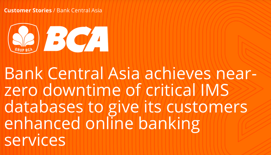 jmckenny's tweet photo. Delighted that with @BMCSoftware #BMCAMI Full Function for IMS, Bank Central Asia can reorg to a copy of IMS databases, while capturing all updates that occurred during the reorg, with a near-zero downtime resulting in an additional 66% downtime reduction https://t.co/FqXvZb2aPi https://t.co/0IhR7zpDIJ