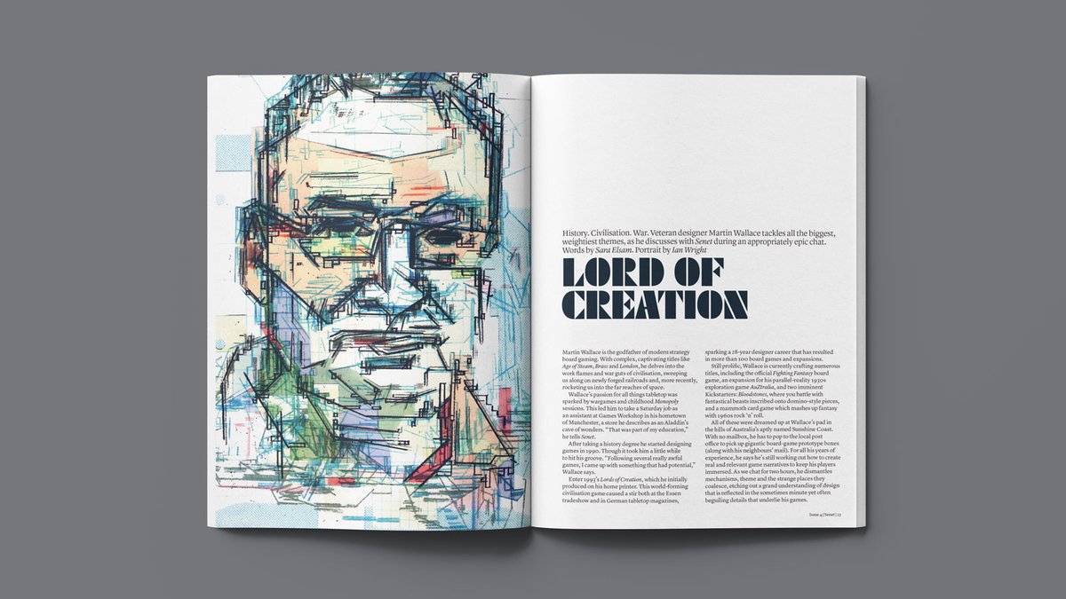 ICYMI: Issue 4 is out now, featuring <a href="/moogski/">Sara Elsam 🔜 Gamescom</a>’s career-spanning interview with veteran designer Martin Wallace, in which he discusses history, strategy, Discworld and the upcoming Rocketmen. Go to senetmagazine.com to order your copy or subscribe. #boardgamesarebeautiful