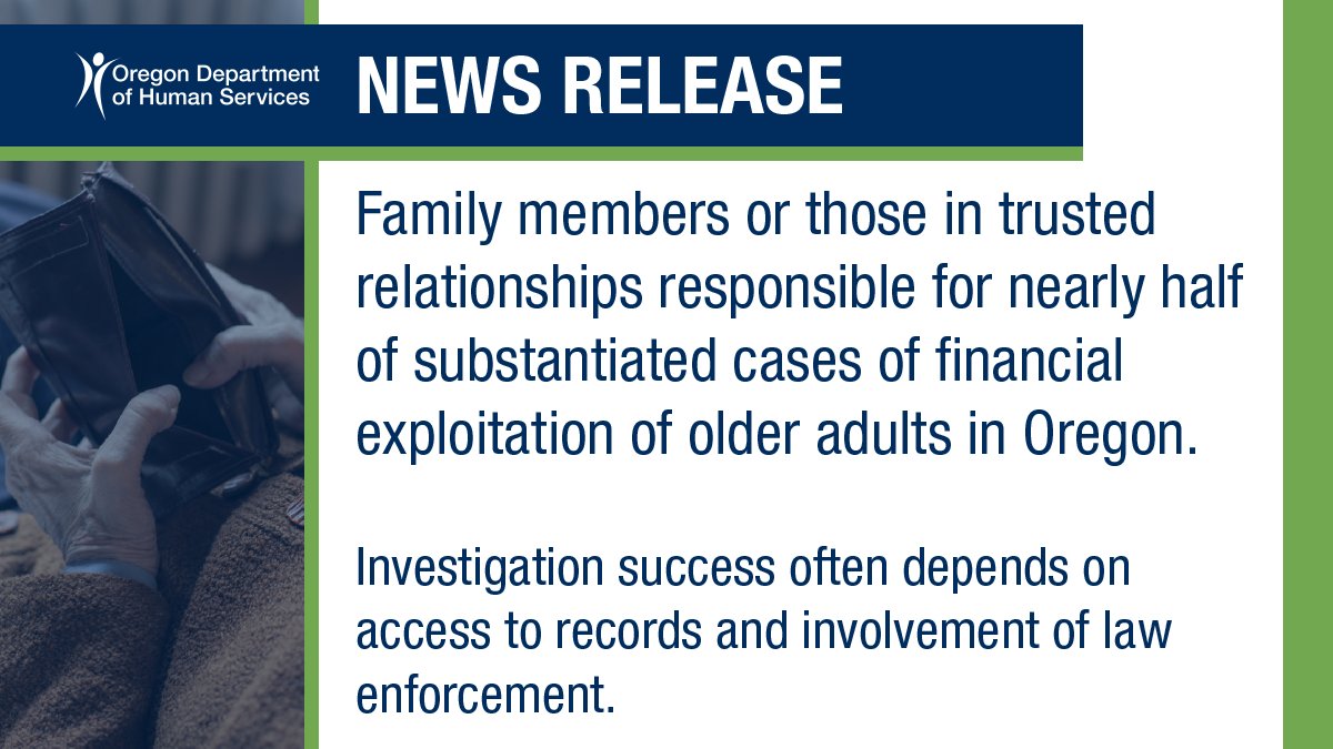 ORHumanServices's tweet image. News Release - Financial exploitation costly, still difficult to prove, new ODHS study shows: go.usa.gov/xs3zT

#FinancialExploitation #ElderAbuse