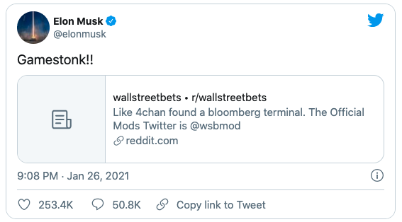5/  #GameStopElon Musk added fuel to the fire in the battle of the "Reddit stocks" with his Tweet “Gamestonk!!“, with a link to the Reddit forum where much of the discussion was unfolding.By the close of 26th Jan 2021:Share Price = +93%Market Cap = +$10 billion