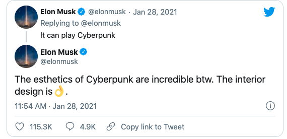 6/ CD Projekt (Cyberpunk)Elon Musk sent out a series of Tweets about the game Cyberpunk, by CD Projekt, saying that it will be available to play in Tesla models.By the close of 28th Jan 2021:Share Price = +11%Market Cap = +$1 billion