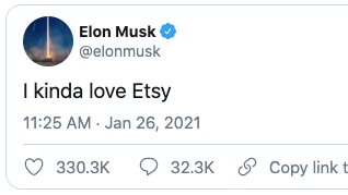 7/ EtsyOn 26 January, Elon Musk shared his love for the e-commerce website Etsy.The Tweet resulted in a quick spike in the share price, however, ended up closing at 2% below what it was the day before. This proves that longer-term Elon Effects aren’t guaranteed.
