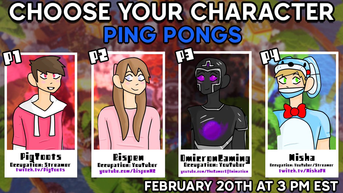 🕹️Announcing the Ping Pongs Lineup🕹️

Featuring <a href="/PigToots/">Pig</a> <a href="/bispennn/">hannah</a> <a href="/0micronGaming/">Omicron</a> <a href="/mishaczlp/">mishaczlp</a> 

 Watch them play in Retro Rivals: Going Retro! on February 20th at 3pm EST! 

(art made by <a href="/MeepsMuted/">MeepsMuted</a>)